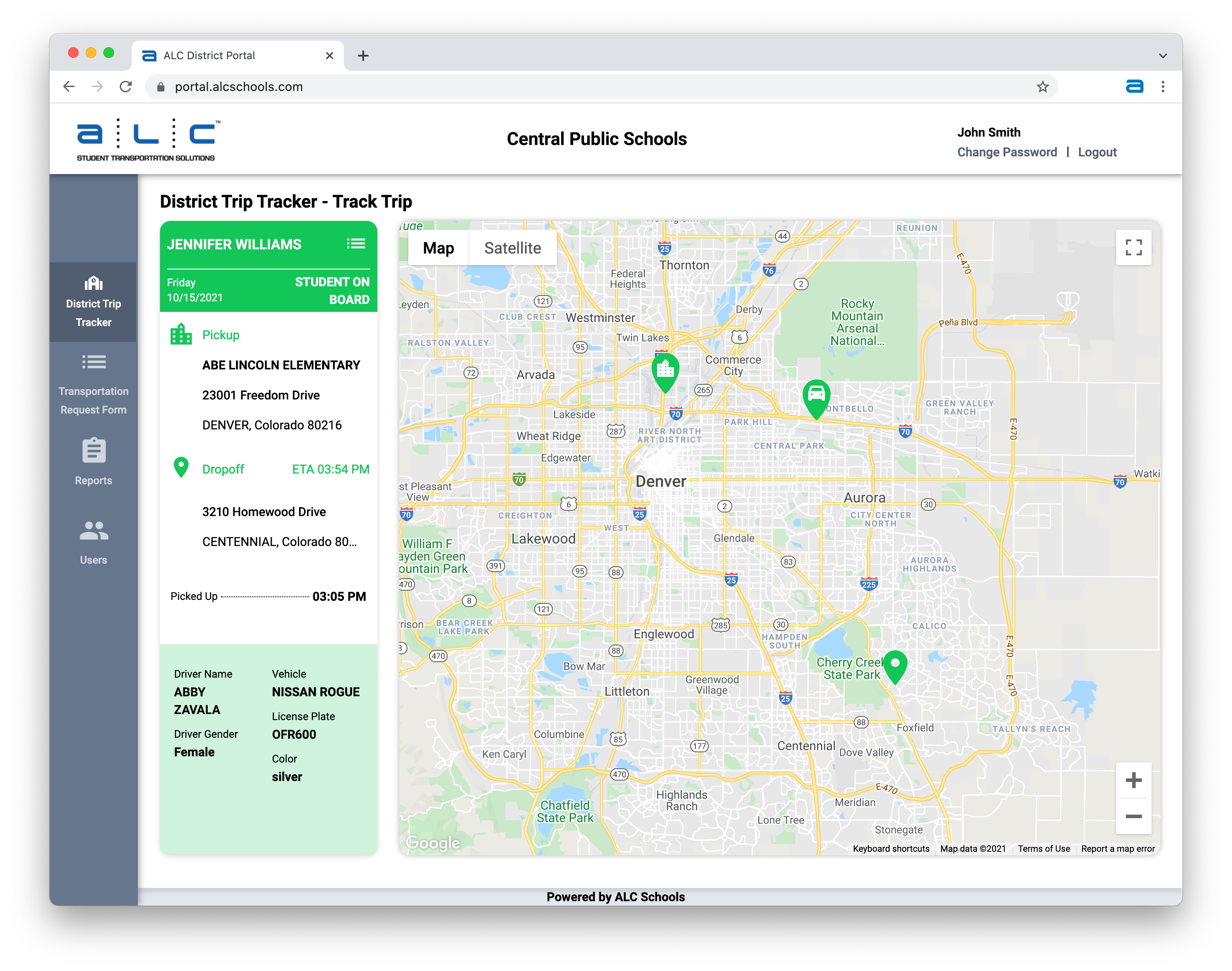 ALC District Portal: trip in progress